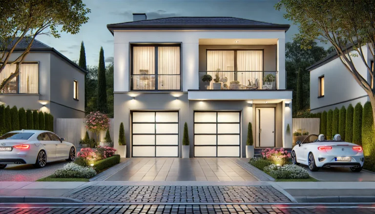 Elegant two-story house with modern garage doors, minimalist design, and a well-lit exterior at night.