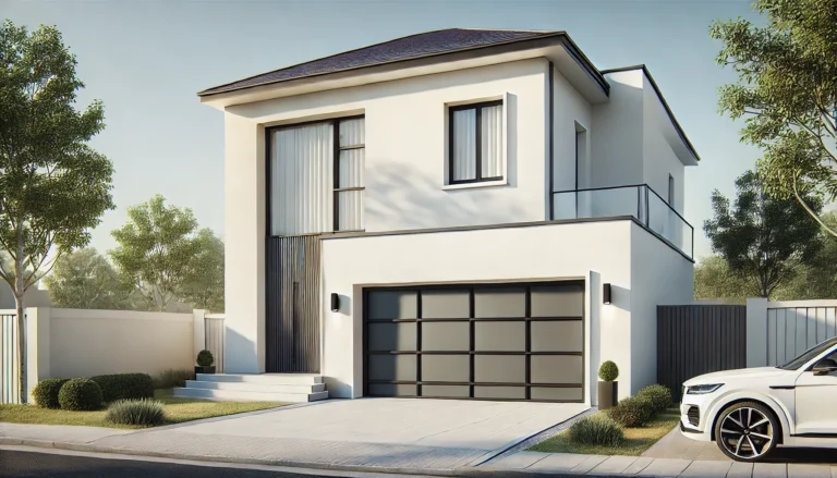 Sunny two-story house with a modern garage door, minimalist design, and white exterior.