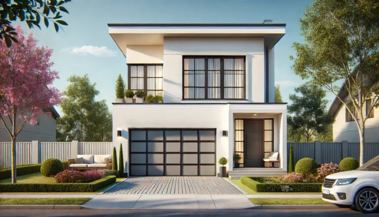 Modern two-story house with white exterior, sleek garage door, and landscaped front yard.