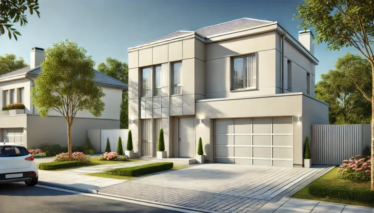 Elegant two-story house with light-colored exterior, modern garage door, and minimalist design.