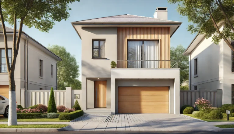 Two-story house with a wood-accented garage door, minimalist design, and light-colored exterior.