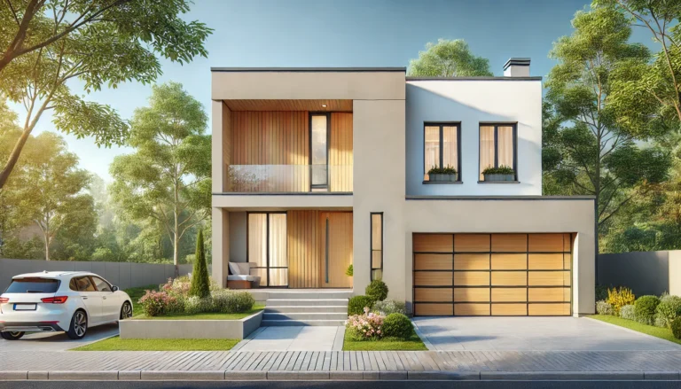 Modern two-story house with sleek garage doors, neutral colors, and minimalist design.