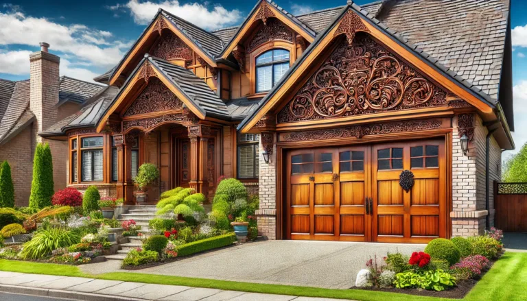 Suburban home with an intricately carved wooden garage door and classic design elements.