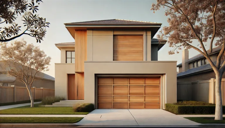 Elegant suburban home with a light wood garage door featuring a horizontal plank design.