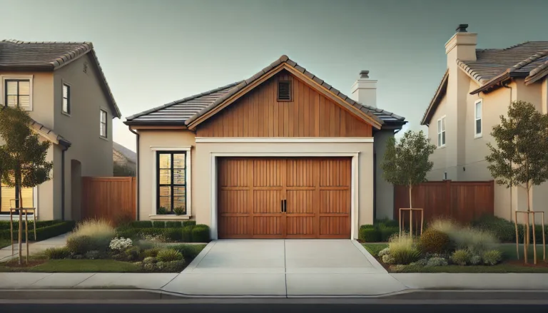 Simplistic suburban home with a polished wooden garage door featuring vertical lines.