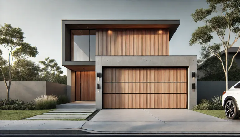 Modern suburban home with a sleek wooden garage door and minimal steel accents.