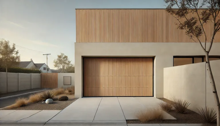 Minimalist suburban home with a smooth light oak garage door and refined design.