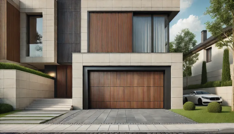 Modern garage door with horizontal wooden slats on a contemporary house facade.