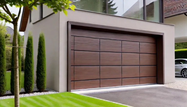 Contemporary garage door with dark wood panels and subtle horizontal grooves in a residential setting.