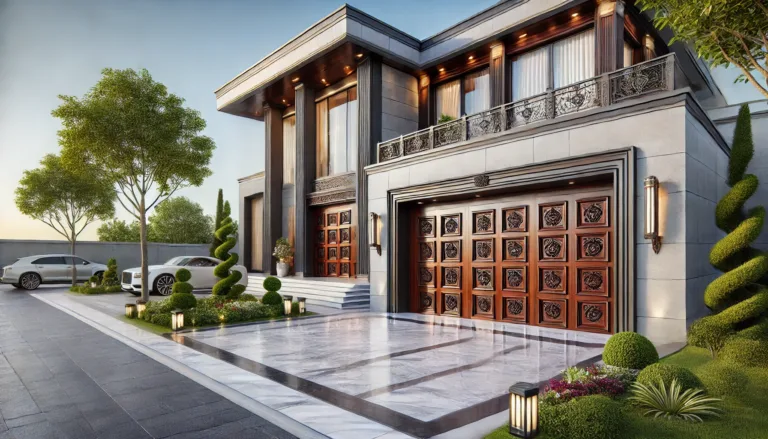 Luxurious garage door with dark wood panels and intricate carvings on a high-end contemporary house facade.