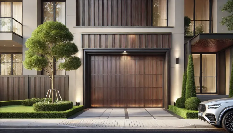 Modern garage door with dark wood panels and fine horizontal grooves in a stylish residential setting.