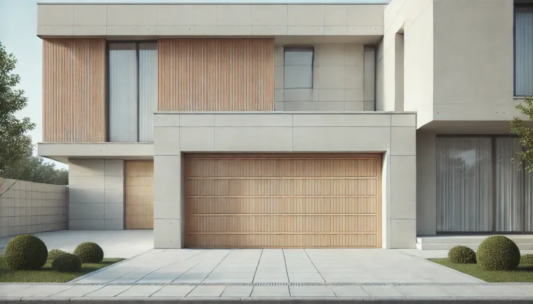 Simple and elegant garage door with light-colored wood and clean horizontal lines on a modern house facade.