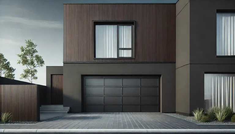 Modern garage door with dark wood and clean horizontal lines on a sleek, dark-colored house facade.