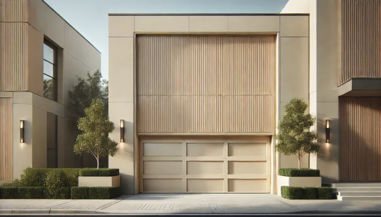 Slightly darker cream-colored modern garage door with smooth wood panels in a stylish residential setting.