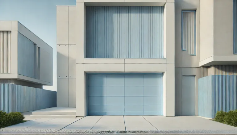 Modern garage door with smooth light blue wood panels on a soft blue contemporary house facade.