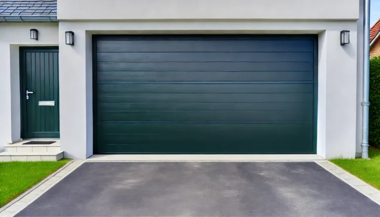 Stunning Painted Garage Doors in Bryn Mawr, PA - Modern dark green garage door with matching entry door on a residential home.